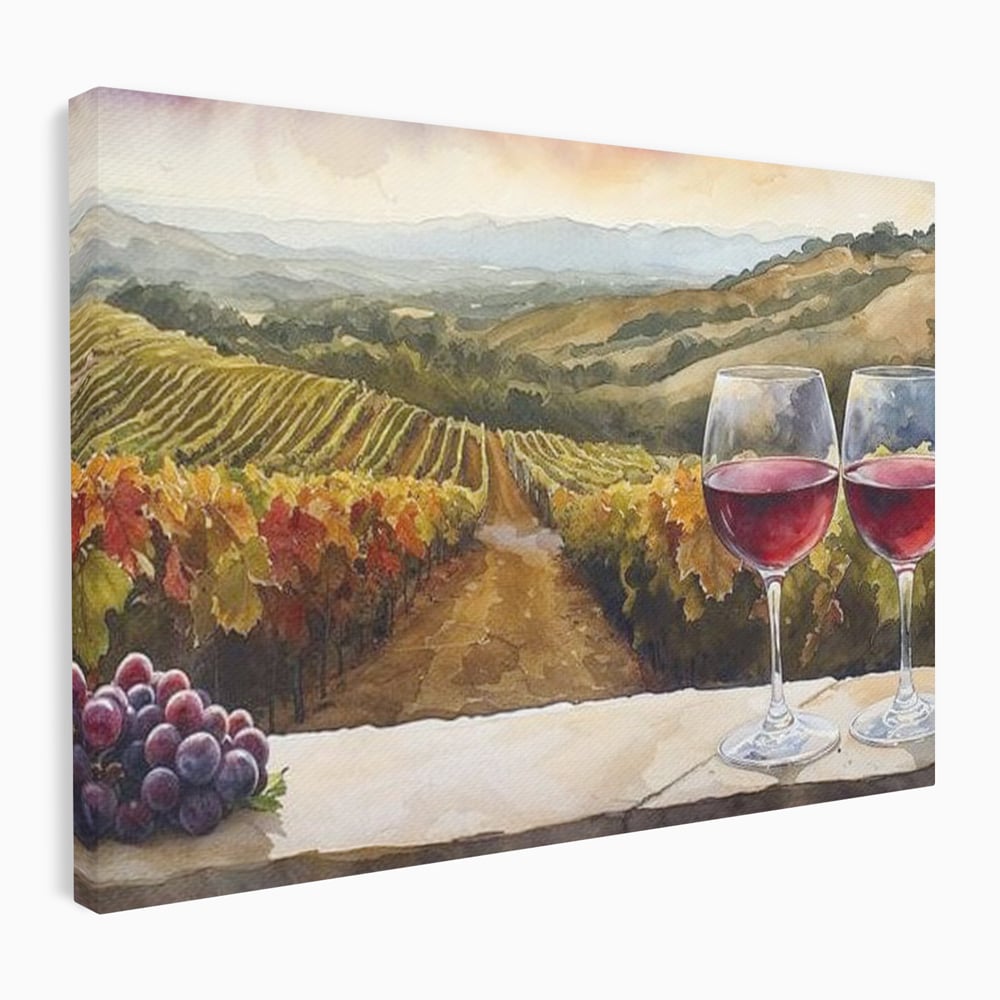 Tablou canvas cu tablou canvas cu peisaj viticol si pahare de vin, fara rama, pe sasiu de lemn